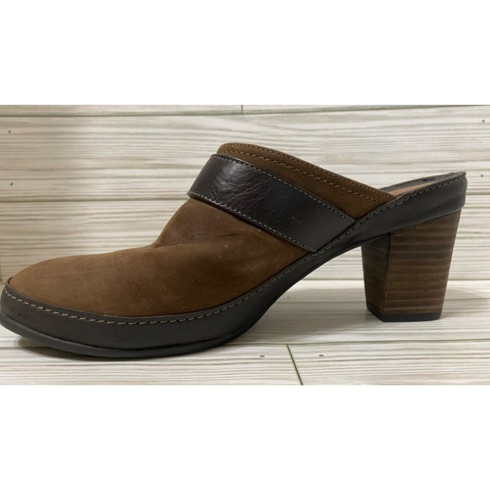 Clarks Artisan Brown Leather Heeled Mules 7.5M Platform Shoes 2" Chunky - Picture 8 of 11